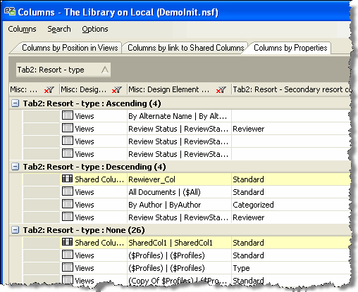 View columns categorized by their properties