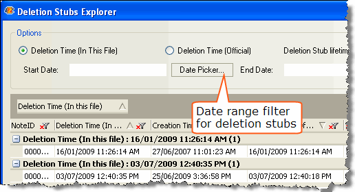 Deletion stub date range filter