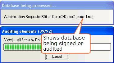 Database signing/auditing progress status